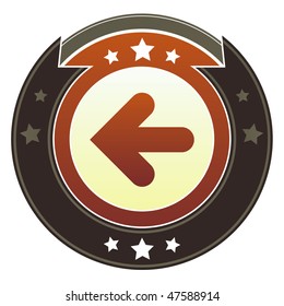 Left directional arrow icon on round red and brown imperial vector button with star accents suitable for use on website, in print and promotional materials, and for advertising.