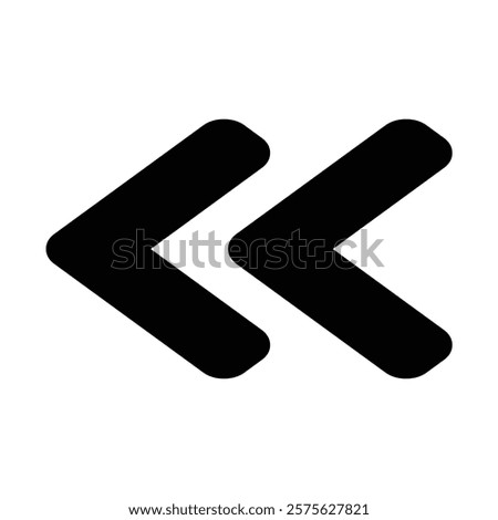 Left double arrow black glyph ui icon. Double chevrons. Fast reverse button. User interface design. Silhouette symbol on white space. Solid pictogram for web, mobile. Isolated vector illustration