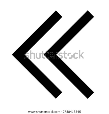 Left double chevrons icon in sharp bold line style for skip-back, rewind, or previous steps. Perfect for apps, websites, and UIs involving directional flow or playback navigation.