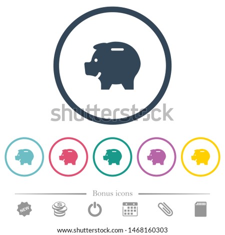 Left facing piggy bank flat color icons in round outlines. 6 bonus icons included.
