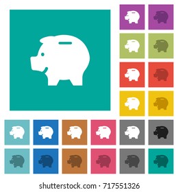 Left facing piggy bank multi colored flat icons on plain square backgrounds. Included white and darker icon variations for hover or active effects.