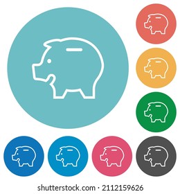 Left facing piggy bank outline flat white icons on round color backgrounds