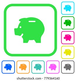 Left facing piggy bank vivid colored flat icons in curved borders on white background