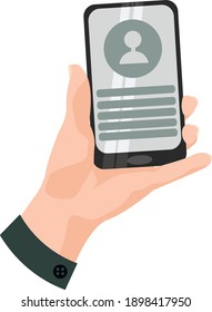 The left female hand holds a black smartphone. The phone displays the phonebook profile icons. White background in gray shades.Digital technology and communication concept.