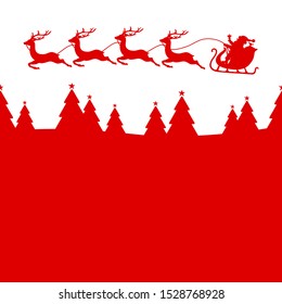 To The Left Flying Christmas Sleigh Santa Claus And Four Reindeer Above Forest Red