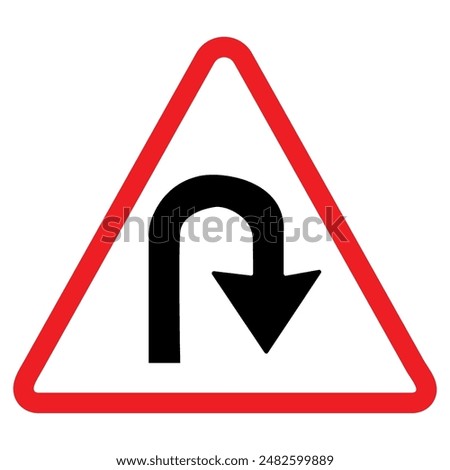 Left hair pin bend warning sign, red triangle, black arrow, traffic symbol, Cautionary Road Sign.