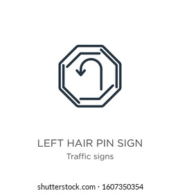 Left hair pin sign icon. Thin linear left hair pin sign outline icon isolated on white background from traffic signs collection. Line vector sign, symbol for web and mobile