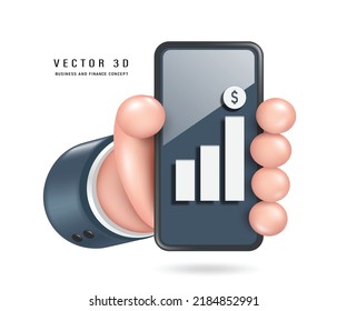 Left hand of a businessman in a dark suit is holding smartphone with stock chart rising on screen,vector 3d cute minimalist style for designing advertisements about business,finance and investment