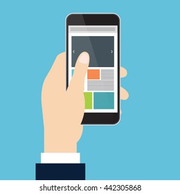 Left hand of businessman is holding mobile phone on sky blue background. Vector illustration flat style.