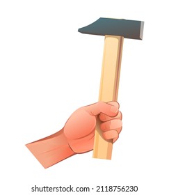Left hand with conventional universal hammer for different types of work. The object is isolated on a white background. Funny cartoon style. Vector