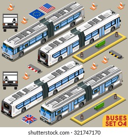 Left Hand Drive Articulated City Bus Line Long Vehicle Transport Palette 3D Flat Vector Icon Set. Intercity Tour School Bus. Assemble Your Own Isometric World Web Infographic Collection 