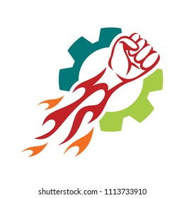 Left Hand fire blow logo with gear, Fast fist hand vector logo