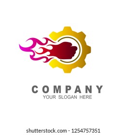 Left hand fire blow logo with gear, Fast fist hand vector logo , speed and fire design template