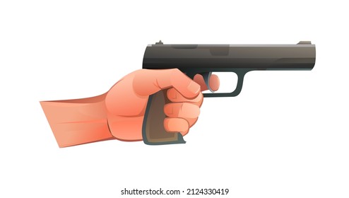 Linke Hand mit Feuerwaffenkampf mittlere Kaliber Pistole. Objekt einzeln auf weißem Hintergrund. Hübscher Cartoon-Stil. Vektorgrafik.
