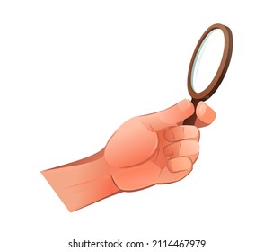 Left hand with glass magnifier for magnifying small objects. Object isolated on white background. Funny cartoon style. Vector.