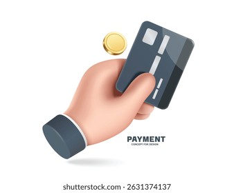 Left hand hold black credit card to pay for purchases or transfer money to pay for various services, vector 3d illustration isolated for financial, online shopping concept design, vector minimal style