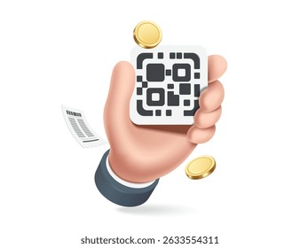 Left hand hold a QR code template and has gold coins floating in air around it, designed for advertising online payment or money transfer, vector 3d illustration isolated for advertising design