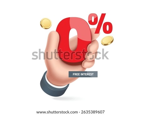 Left hand hold red number 0% for free fee and interest free advertising design, vector 3d illustration isolated on white background for zero percent promotion advertisement design