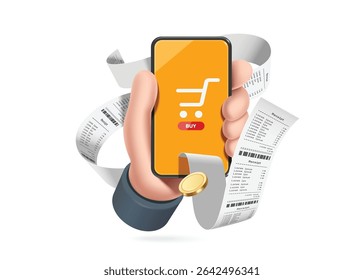 Left hand hold a smartphone and raises it to scan the barcode to pay for online shopping with an online shopping app and many receipts come out, vector 3d isolated for e commerce, banking concept 