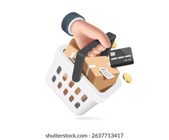 Left hand hold white shopping basket with parcel box or cardboard box placed in basket and pay with credit card after which receipt comes out, vector 3d isolated for, delivery, online shopping concept