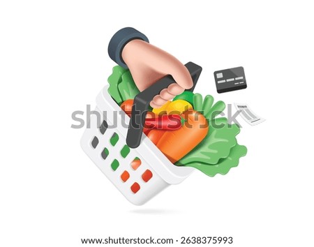 Left hand hold a white shopping basket used in supermarkets with lots of greens and colorful vegetables in the basket, to be taken to the cashier to pay, vector 3d isolated for advertising design