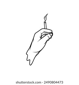 left hand holding a black and white lit cigarette vector line art
