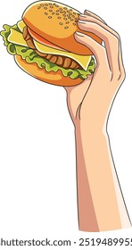 Left hand holding burger illustration isolated on white background.