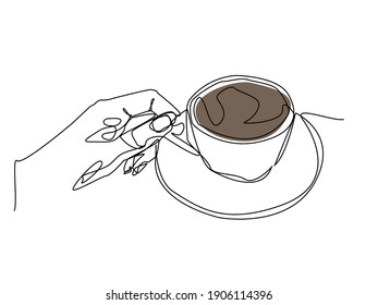 Left hand holding cup coffee tea in one line art