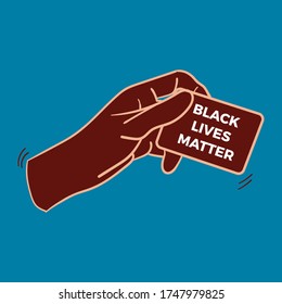 left hand holding dark card with blue background black lives matter sentence vector illustration