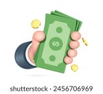 Left Hand holding dollar bill and gold coins or money floating around the air, vector 3d illustration for payment concept design, vector cartoon minimal style for financial, finance design