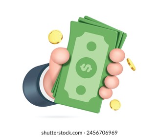 Linke Hand hält Dollarschein und Goldmünzen oder Geld, das um die Luft schwebt, Vektorgrafik 3D-Illustration für Zahlungskonzept Design, Vektorgrafik Cartoon Minimal Style für Finanzen, Finanzen Design