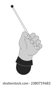 Left hand holding drum stick cartoon human hand outline illustration. Tool for beating drum 2D isolated black and white vector image. Rhythm beat, percussion flat monochromatic drawing clip art