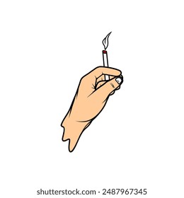 left hand holding a lit cigarette vector illustration