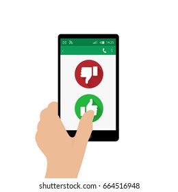 Left hand holding mobile phone and pressing Yes button. Vector illustration. Social network concept. App window. Green and red thumbs up and down buttons. Feedback emoji  icon vector illustration.