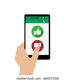 Left hand holding mobile phone and pressing No button. Vector illustration. Social network concept. App window. Green and red thumbs up and down buttons. Feedback emoji  icon vector illustration.