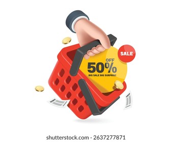 Left hand is holding red shopping basket with a yellow 50% off  promotion sign or tag label placed in basket, vector 3d illustration isolated for banner advertising design, online shopping concept