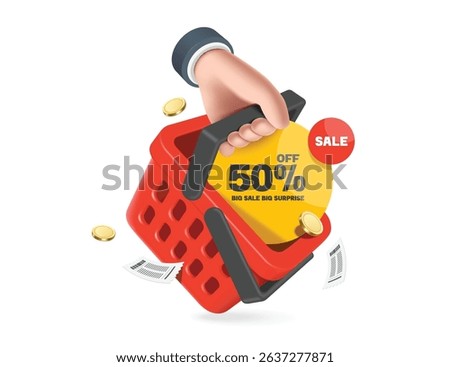 Left hand is holding red shopping basket with a yellow 50% off  promotion sign or tag label placed in basket, vector 3d illustration isolated for banner advertising design, online shopping concept