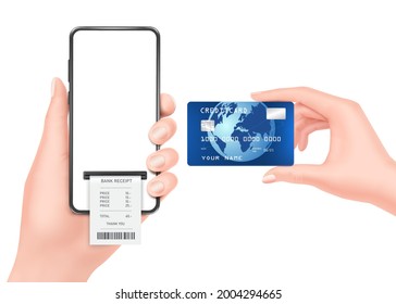 Left hand holding a smartphone and bills flowing out, and right hand holding a blue credit card with a globe on it and all on white background for shopping online and financial concept,vector isolated