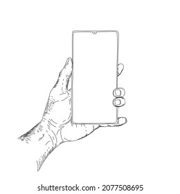 left hand holding smartphone sketch. clear screen to fill with anything you want it