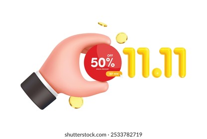 The left hand holds a 50% discount promotion sign, circled in red, to promote the 11.11 campaign, the eleventh day of the eleventh month, vector 3d isolated on white background for advertising design