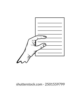 La mano izquierda sostiene el arte de línea de Vector de papel de nota en blanco y negro