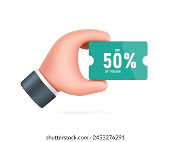 Left hand holds green promotional sign with text gift voucher 50%of for online shopping promotion design, vector 3d illustration isolated, vector cartoon minimal style for advertising design