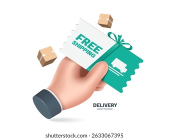 Left hand holds green-white free shipping promotion sign or tag label tied with a green ribbon as gift to customers who use shipping service and online shopping, vector 3d isolated for advertising