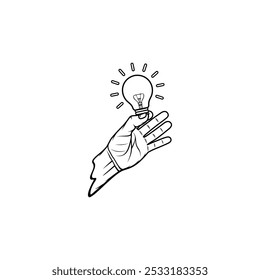 left hand holds a lighted lamp with index finger and thumb black and white vector line art