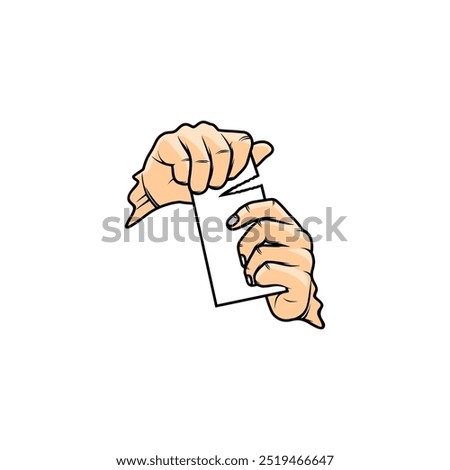 left hand holds paper right hand tears it off vector illustration