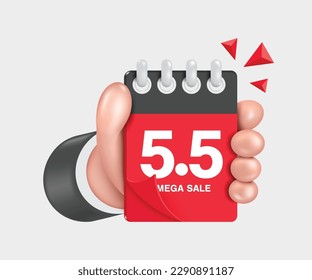 Left hand holds a red calendar with the number 5.5 with text mega sale in front ,vector 3d isolated on white background for shopping promotion design five day of the five month, vector for advertising