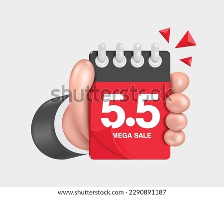 Left hand holds a red calendar with the number 5.5 with text mega sale in front ,vector 3d isolated on white background for shopping promotion design five day of the five month, vector for advertising