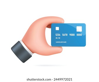 Left hand holds a shiny blue credit card in side view to pay or transfer money for offline and online purchases, vector 3d isolated for financial concept design, vector for advertising design