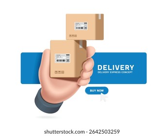Left hand holds stack of parcel boxes or cardboard boxes, with a template of the recipient's address on box. vector 3d isolated on white background for e commerce, delivery, online shopping concept