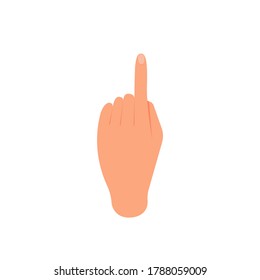 Left hand, index finger extended forward. Vector illustration, hand cursor, flat cartoon design isolated on white background, eps 10.